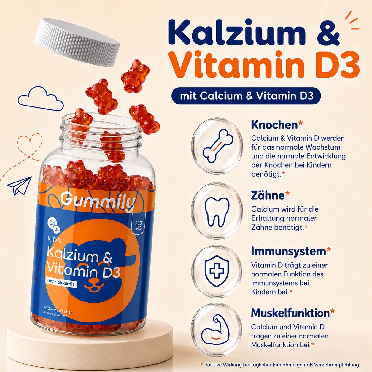 Gummily Flasche mit Kalzium & Vitamin D3. Icons für Knochen, Zähne, Immunsystem, Muskelfunktion.