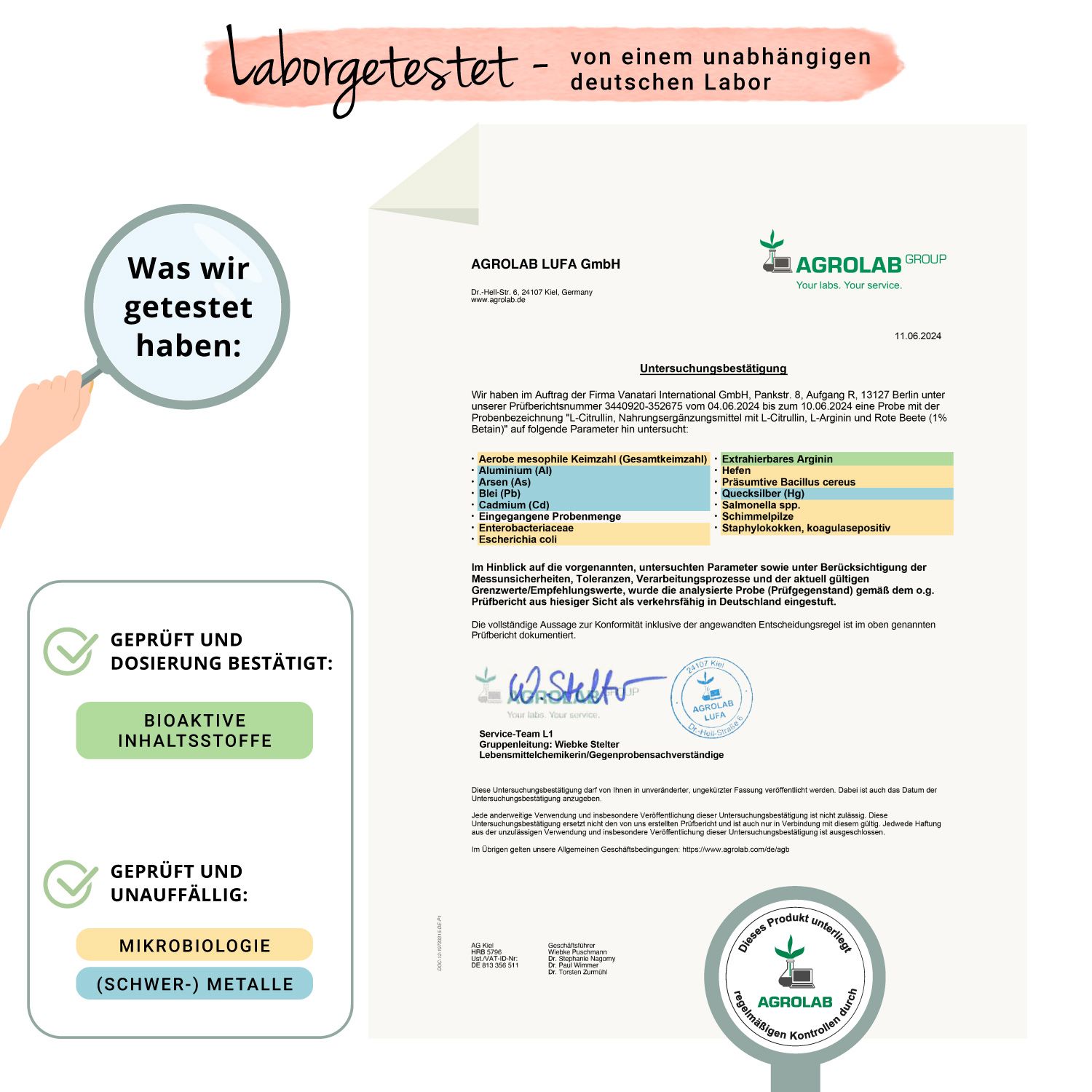 Laborbericht. Text: Laborgetestet von einem unabhängigen deutschen Labor. Siegel: Geprüft und bestätigt, Bioaktive Inhaltsstoffe, uvm.