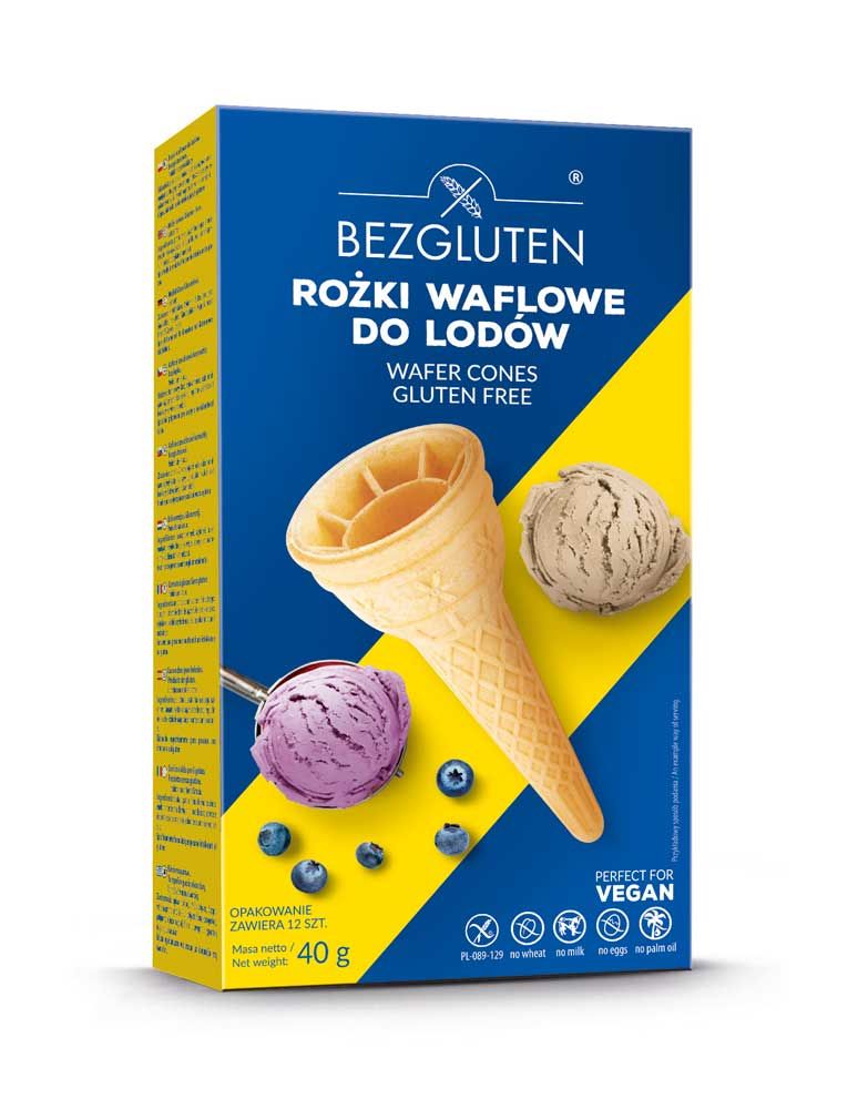Verpackung von Bezgluten Eistüten Tulips glutenfrei. Blaue Schachtel mit gelbem Akzent, Waffelhörnchen und Eis.