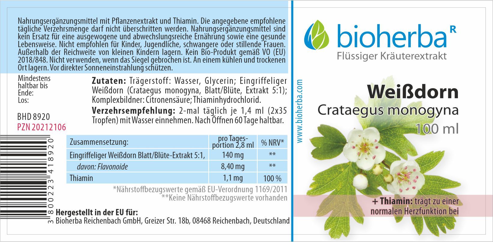 Etikett mit Produktinformationen. Enthält Text zu Inhaltsstoffen, Dosierung und Hersteller. Bioherba Weissdorn Crataegus monogyna.