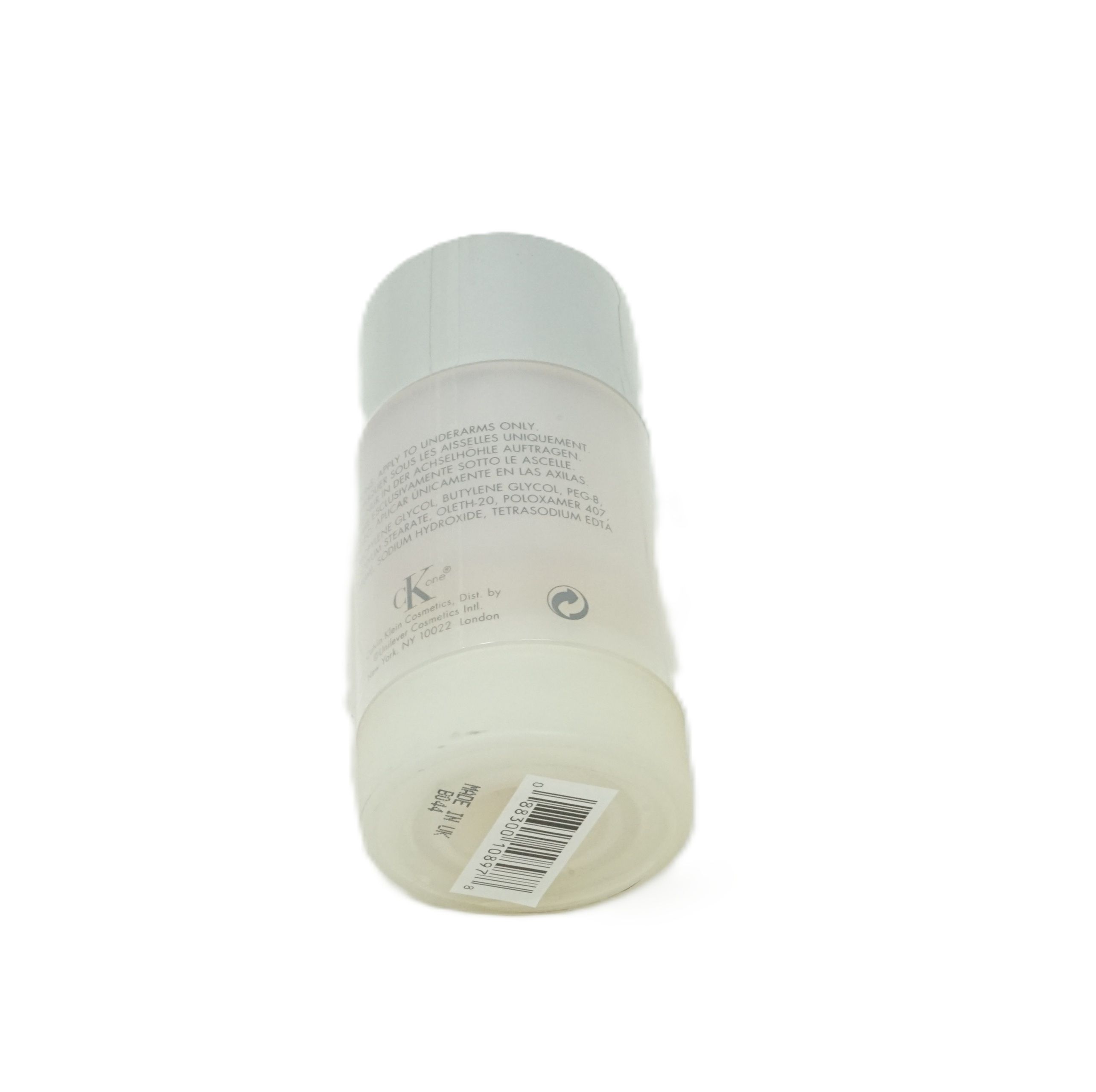 Deo-Stick. Weißer Behälter mit Text. Barcode-Etikett. Calvin Klein Logo. Auf weißem Hintergrund.