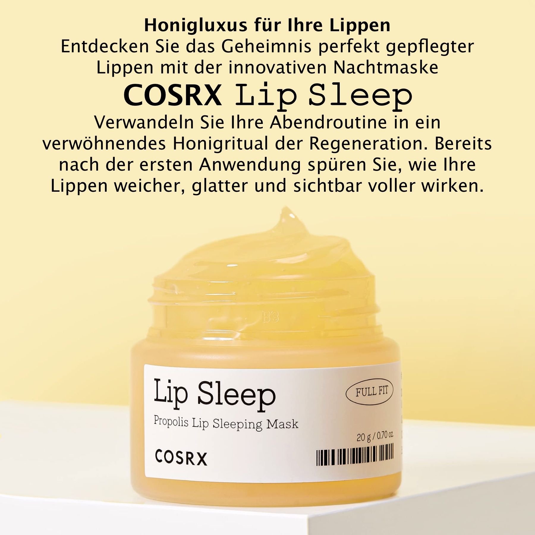 Glas COSRX Lip Sleep Propolis Sleeping Mask. Gelbe Creme. Text mit Produktnamen und Marke. Hintergrund mit Text.