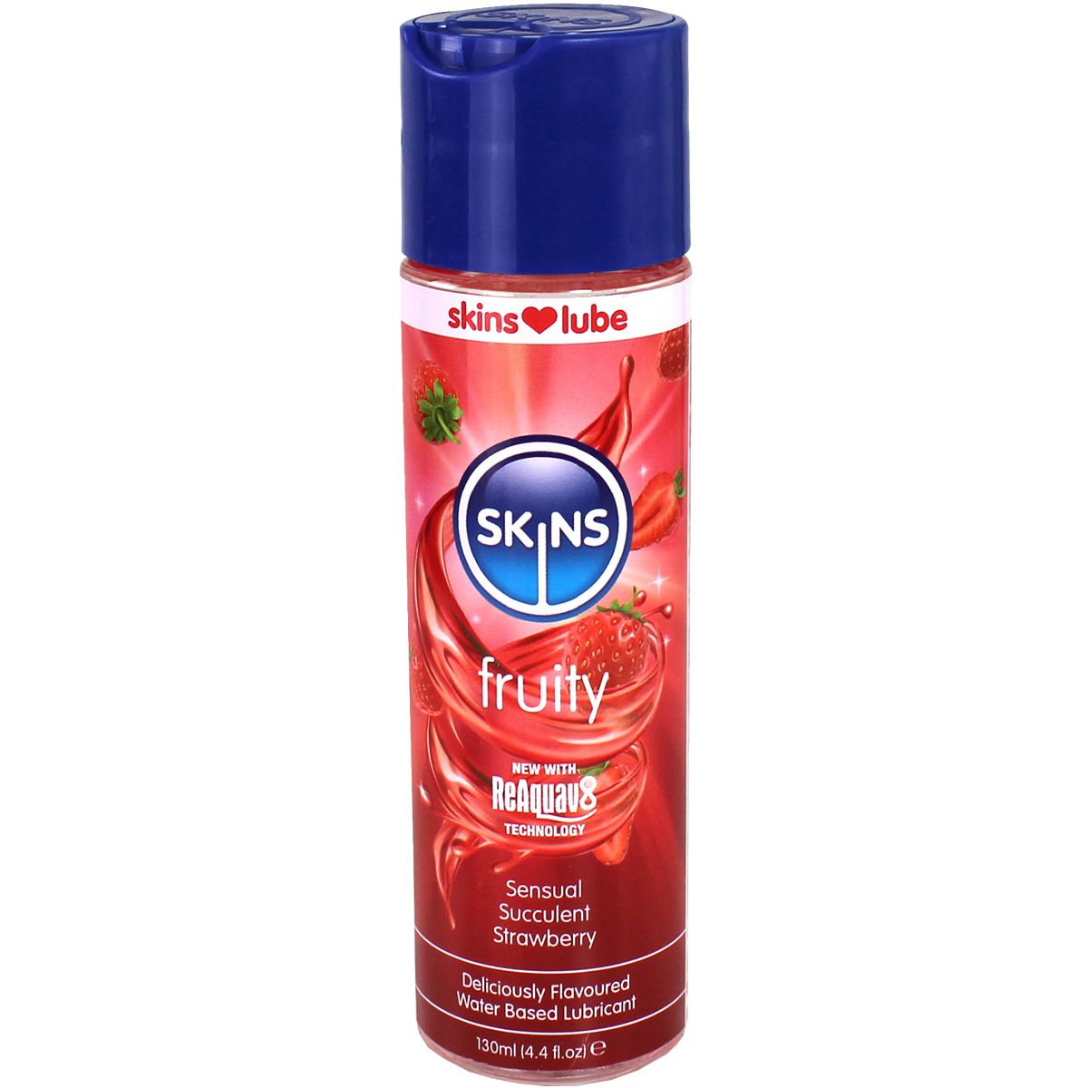 Zylindrische Flasche mit blauem Deckel. Aufschrift: Skins Fruity Sensual Succulent Strawberry. Wasserbasiertes Gleitmittel.