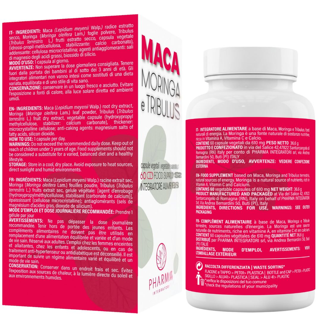 Nahrungsergänzungsmittel in einer weißen Flasche und Schachtel. Aufschrift: Maca, Moringa, Tribulus. Pharma Integratori Logo. Text in mehreren Sprachen.