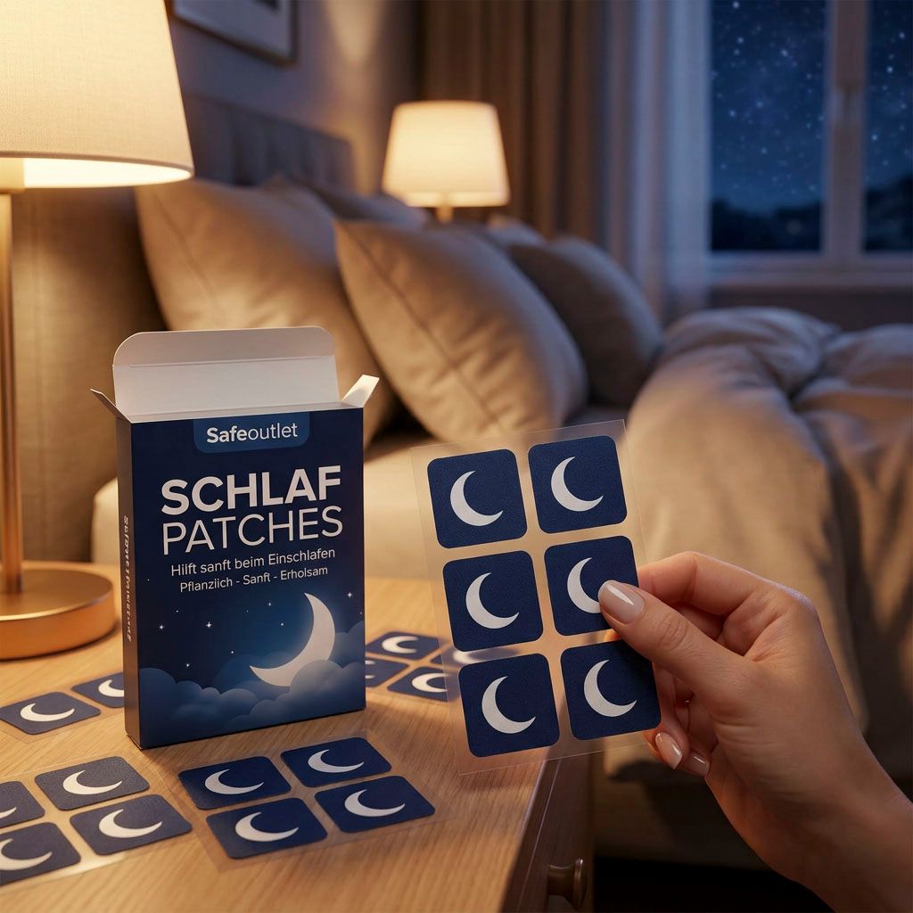 Schlaf-Patches mit Mondmotiv auf einem Nachttisch neben einer geöffneten Packung, im Hintergrund ein Bett.