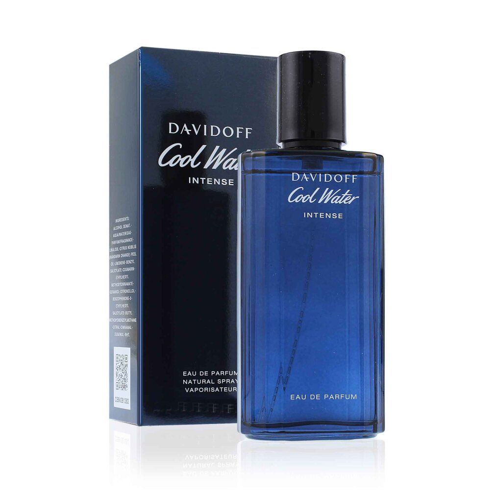 Davidoff Cool Water Intense Eau de Parfum Spray und Verpackung. Blaue Flasche und Schachtel. Produktname und Details sichtbar.