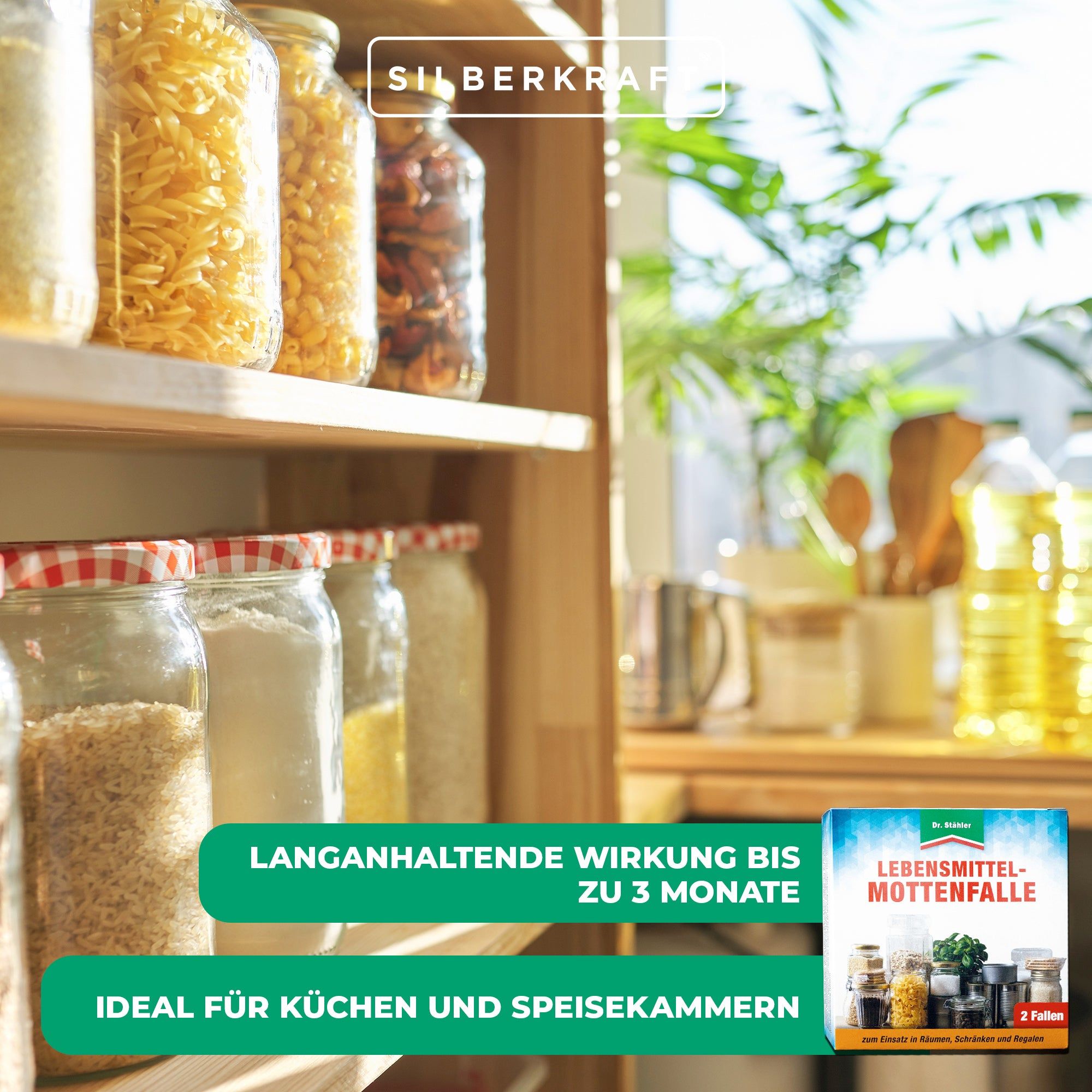 Regal mit Gläsern mit Lebensmitteln. Im Hintergrund ist die Verpackung der Lebensmittel-Mottenfalle abgebildet.