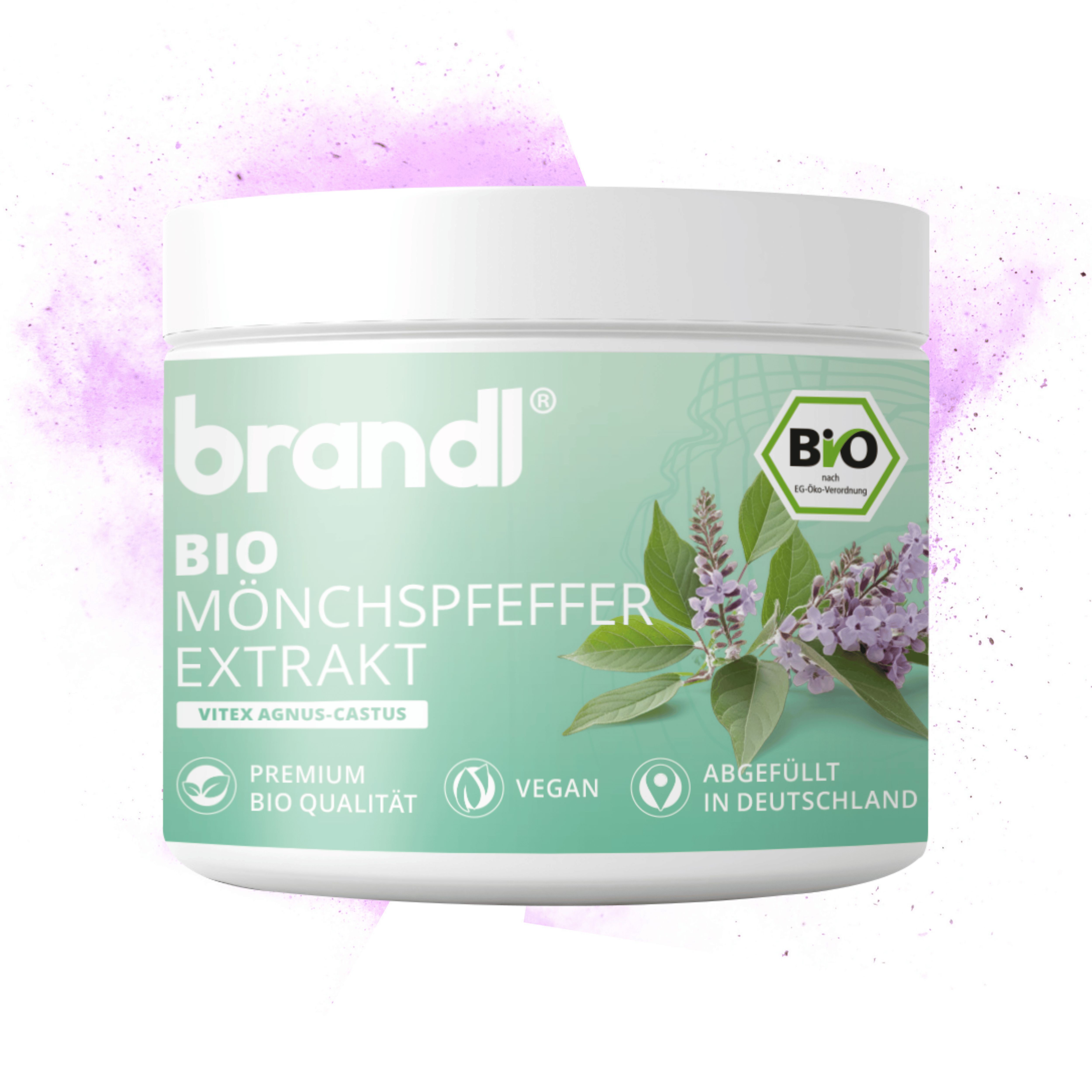 Weißer Behälter mit grünem Etikett. Text: brandl Bio Mönchspfeffer Extrakt, Premium Bio Qualität, vegan.