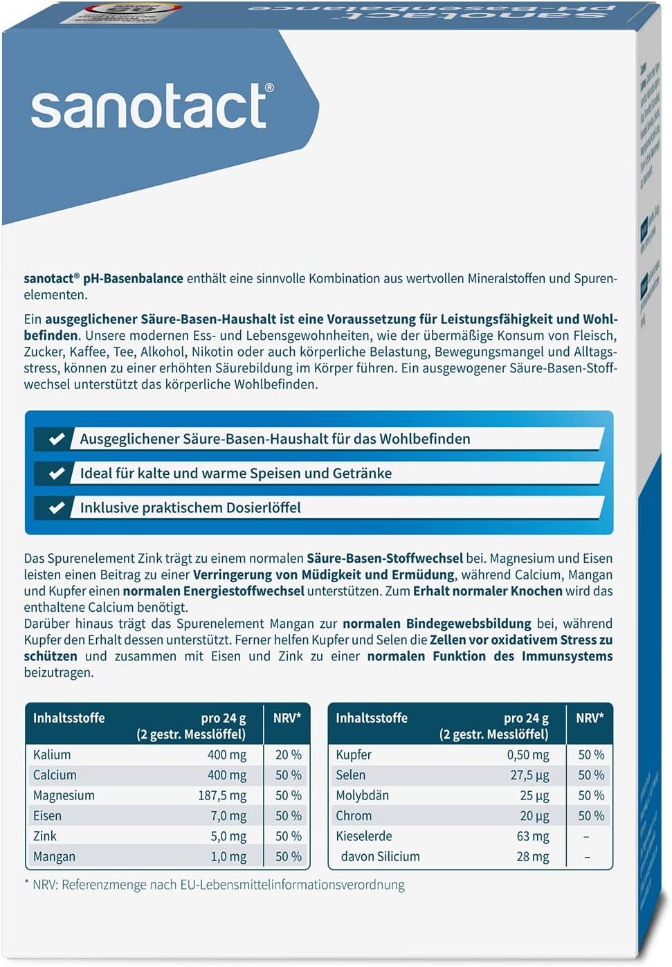Rückseite der sanotact pH-Basenbalance Pulver-Verpackung. Enthält Informationen zu Inhaltsstoffen, Nährwerten und Anwendungshinweisen.