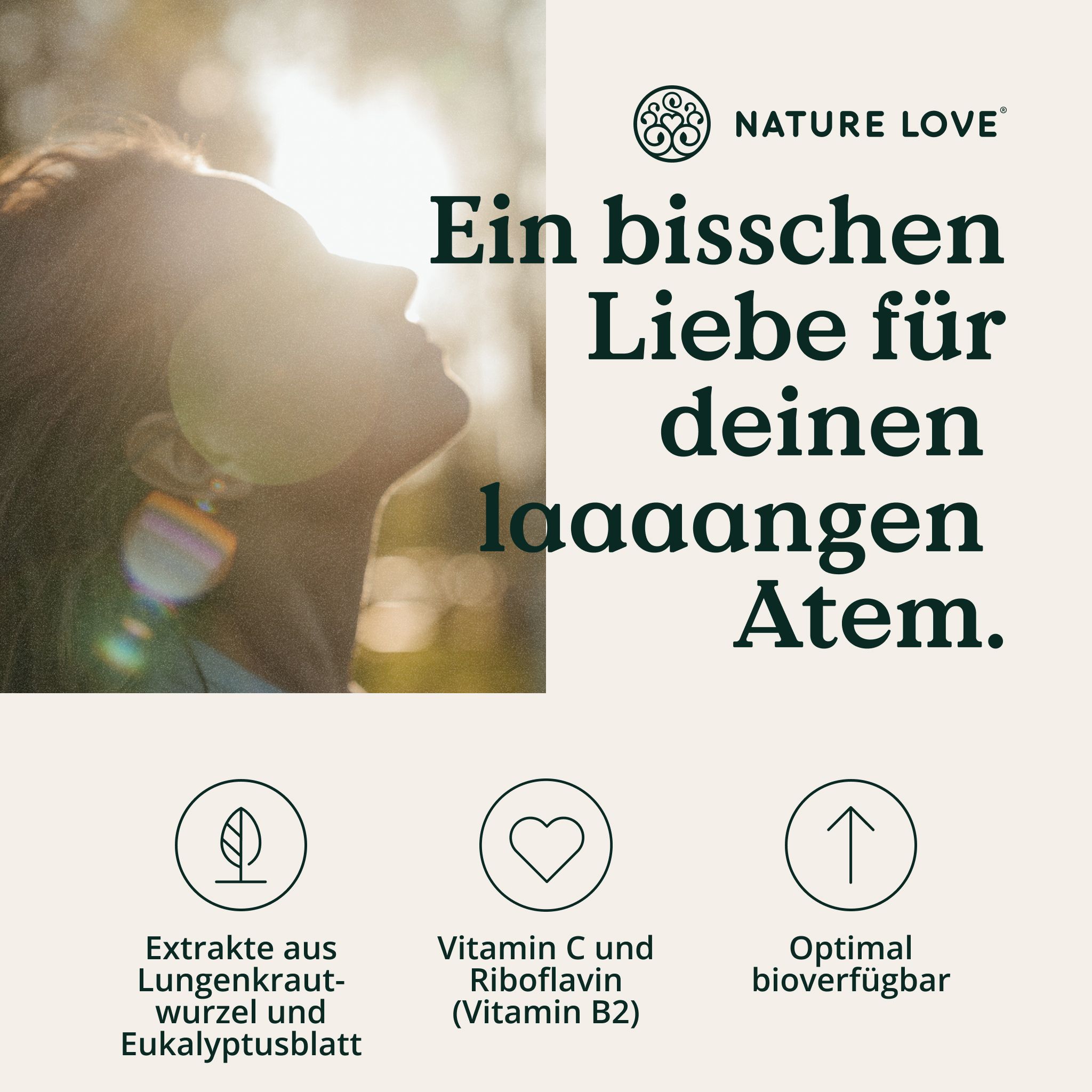 Text: 'Ein bisschen Liebe für deinen laaaangen Atem.' und Symbole für Extrakte, Vitamin C und optimale Bioverfügbarkeit.