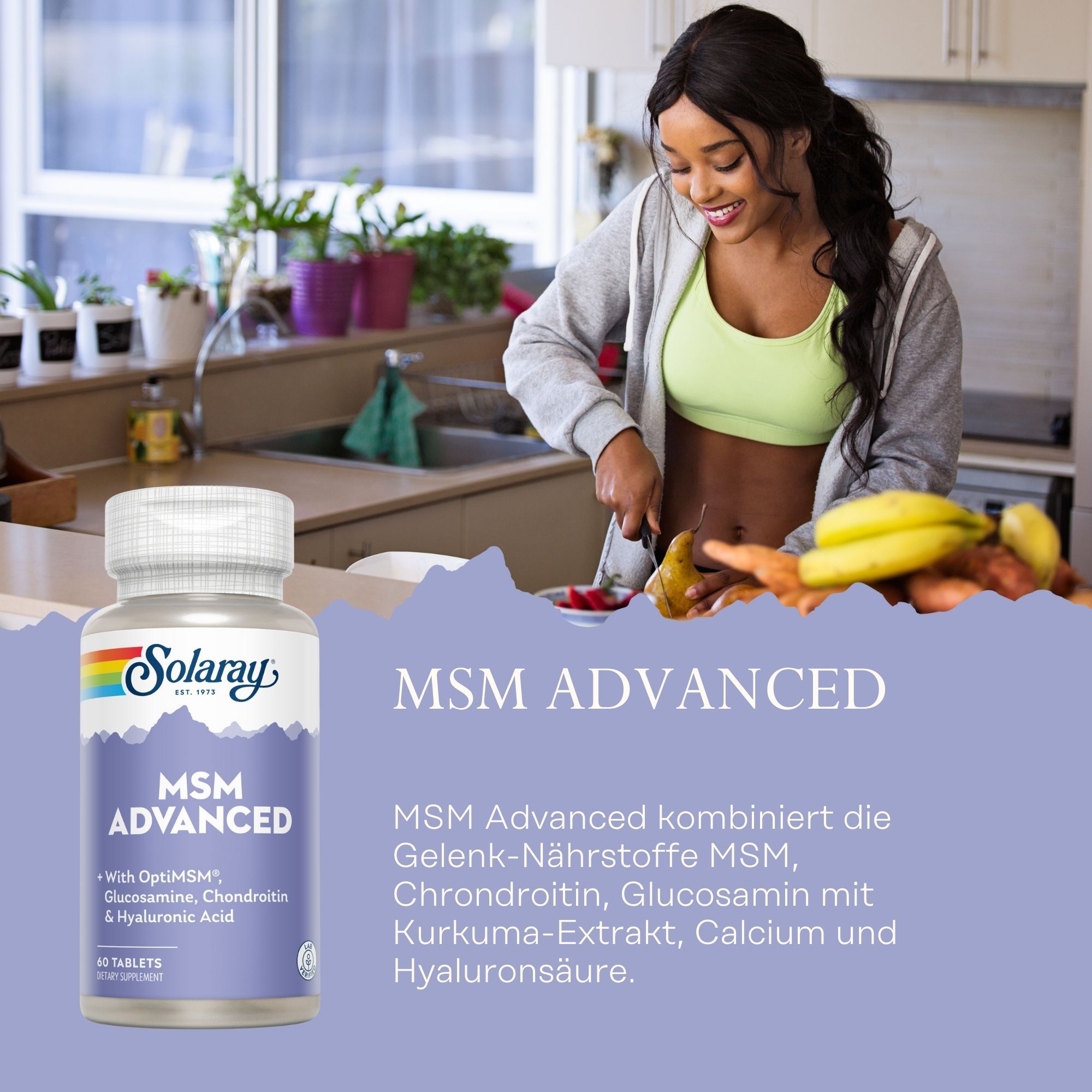 Solaray MSM Advanced Flasche. Enthält 60 Tabletten. Aufschrift: MSM Advanced, mit OptiMSM, Glucosamin, Chondroitin & Hyaluronsäure.