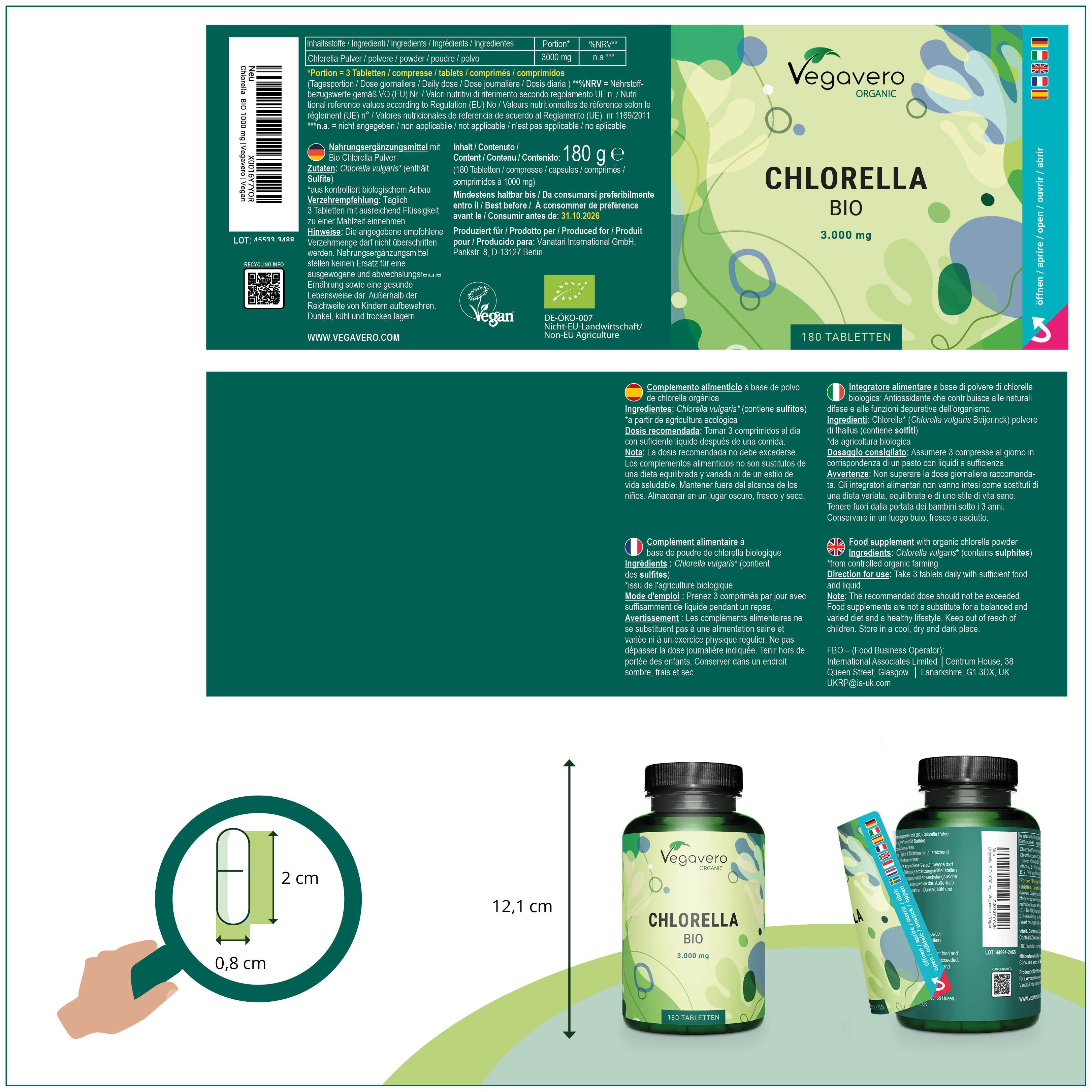 Produktverpackung mit Flasche und Beutel. Flasche: Chlorella BIO, 180 Tabletten. Beutel: Chlorella BIO. Mit Größenangaben.