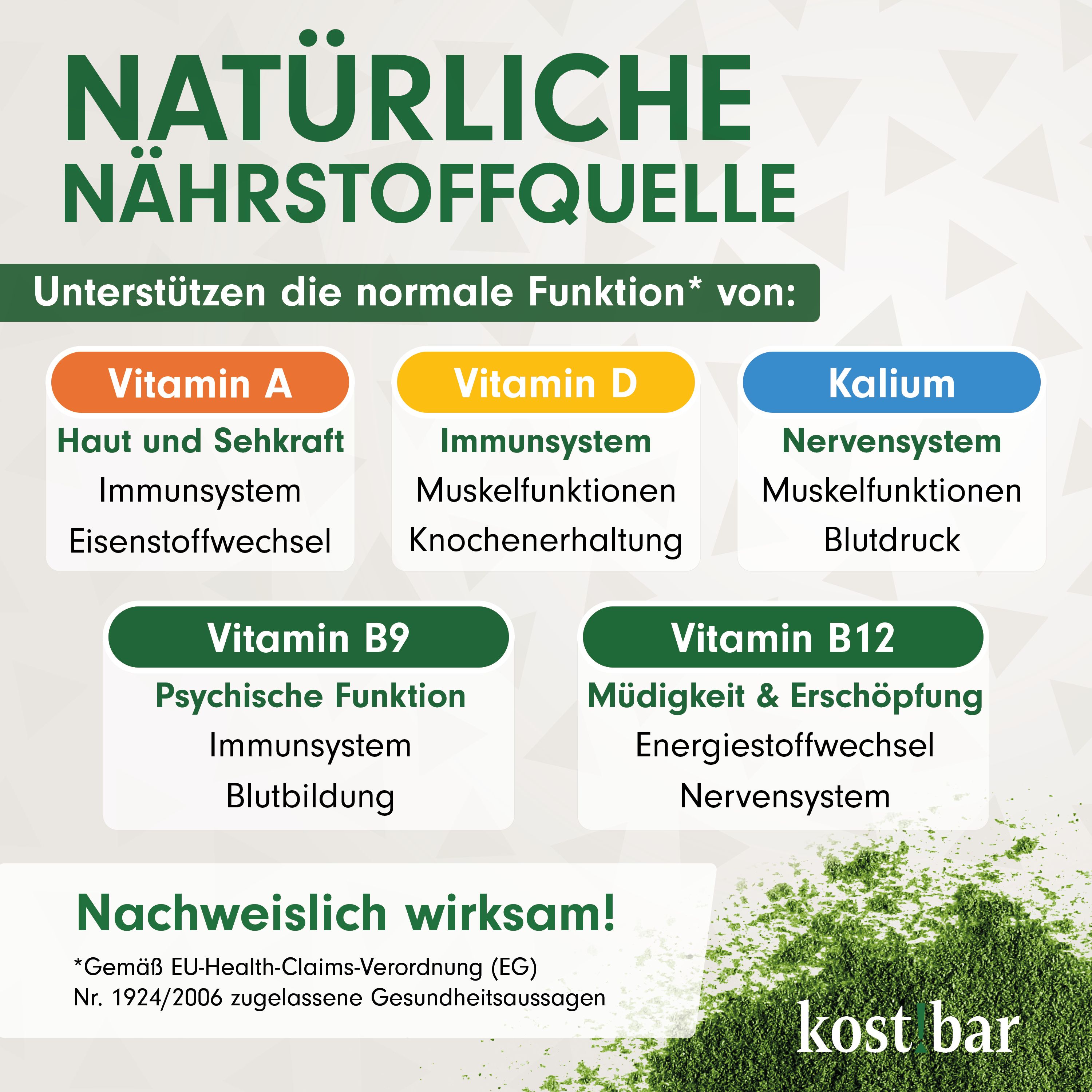 Text: NATÜRLICHE NÄHRSTOFFQUELLE. Text: Unterstützen die normale Funktion von: Vitamin A, Vitamin D, Kalium, Vitamin B9, Vitamin B12. Grünes Pulver.