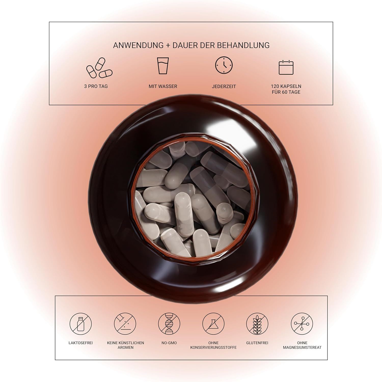 Draufsicht auf eine braune Flasche mit Kapseln. Text: 3 pro Tag, mit Wasser, jederzeit, 120 Kapseln für 60 Tage. Symbole: laktosefrei, etc.