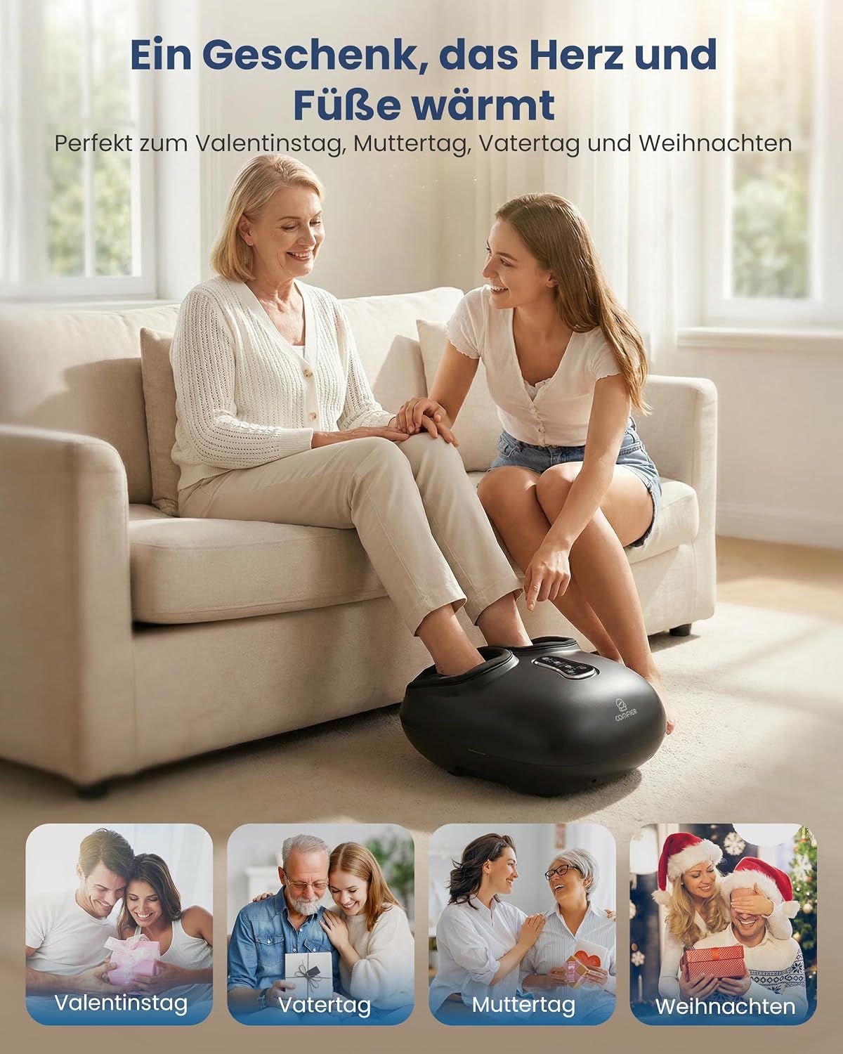 Frau sitzt auf einem Bett und benutzt ein Fußmassagegerät mit Wärmefunktion.