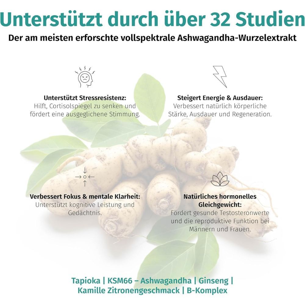 Ashwagandha-Wurzeln und Blätter mit Infoboxen zu Nutzen und Studien.