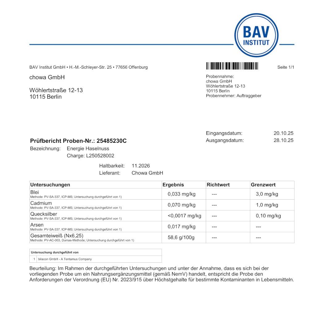 Prüfbericht des BAV INSTITUT. Enthält Informationen zu Untersuchungen auf Schwermetalle und andere Schadstoffe im Produkt.