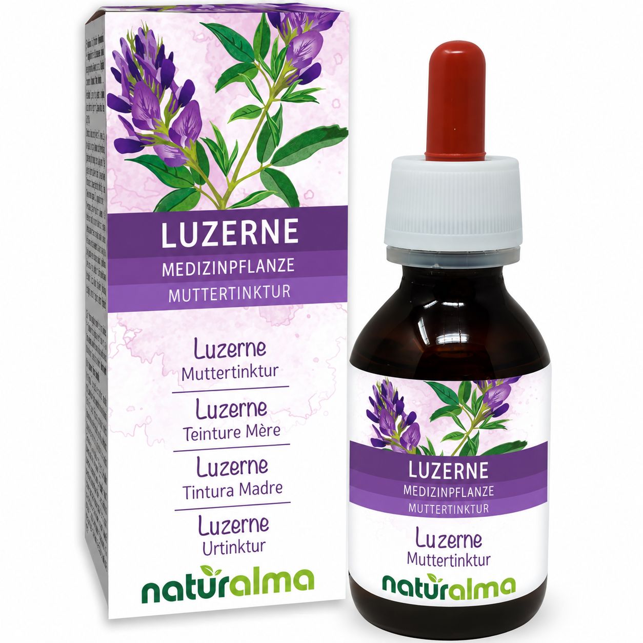 Luzerne Tinktur Flasche und Schachtel mit Blütenabbildung.