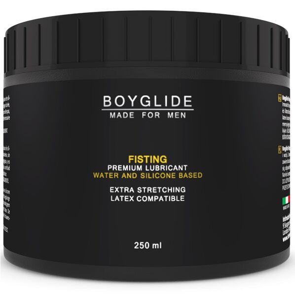 Schwarzer Tiegel. Aufschrift: BOYGLIDE, FISTING, Premium Gleitmittel, wasser- und silikonbasiert, extra dehnbar, latexfreundlich. 250 ml.