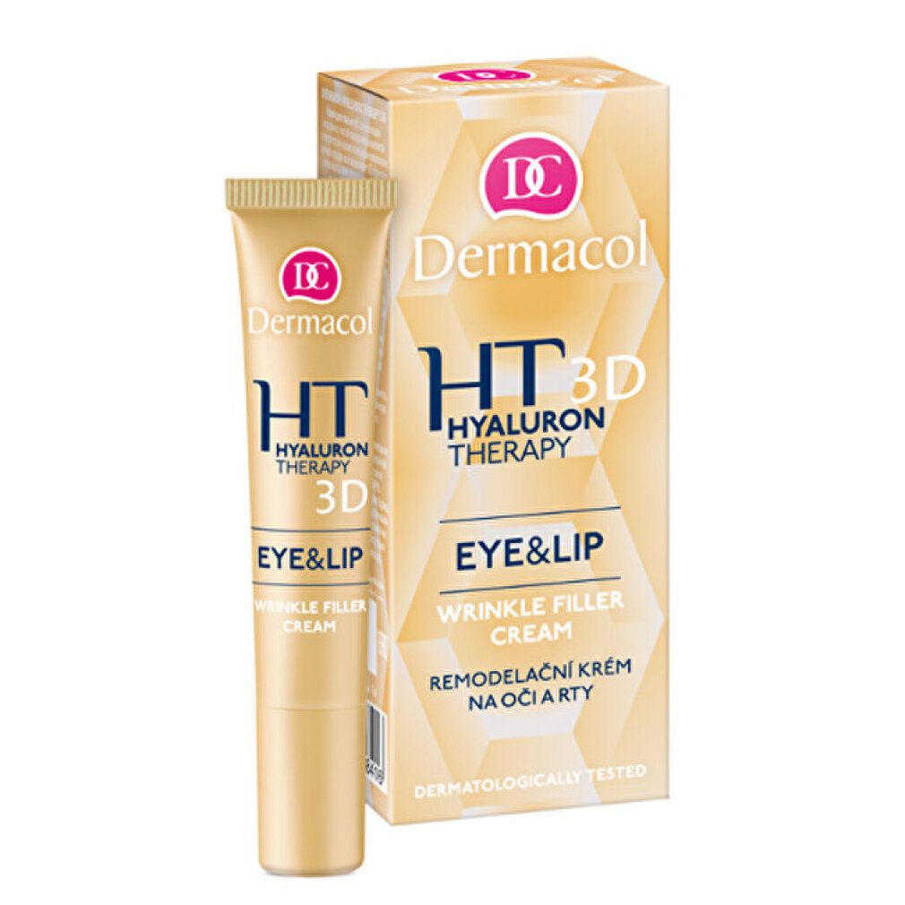 Creme-Tube und Karton. Aufschrift: Dermacol, HT Hyaluron Therapy 3D Eye & Lip Wrinkle Filler Cream.