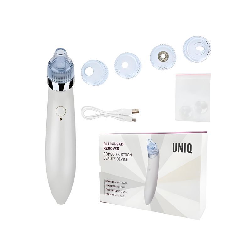 Hautpflegegerät, Zubehör, Ladekabel und Verpackung.