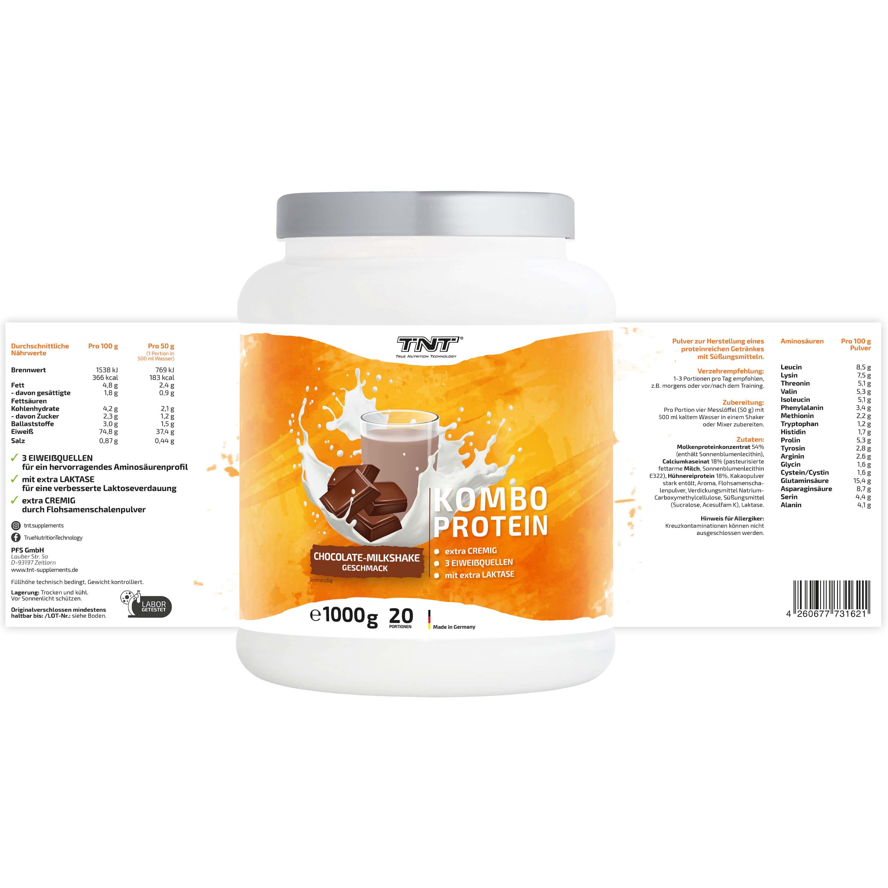 TNT Kombo Protein-Behälter mit Nährwertangaben. Schokoladen-Milchshake-Geschmack. 1000g. Mit Text und Logos.