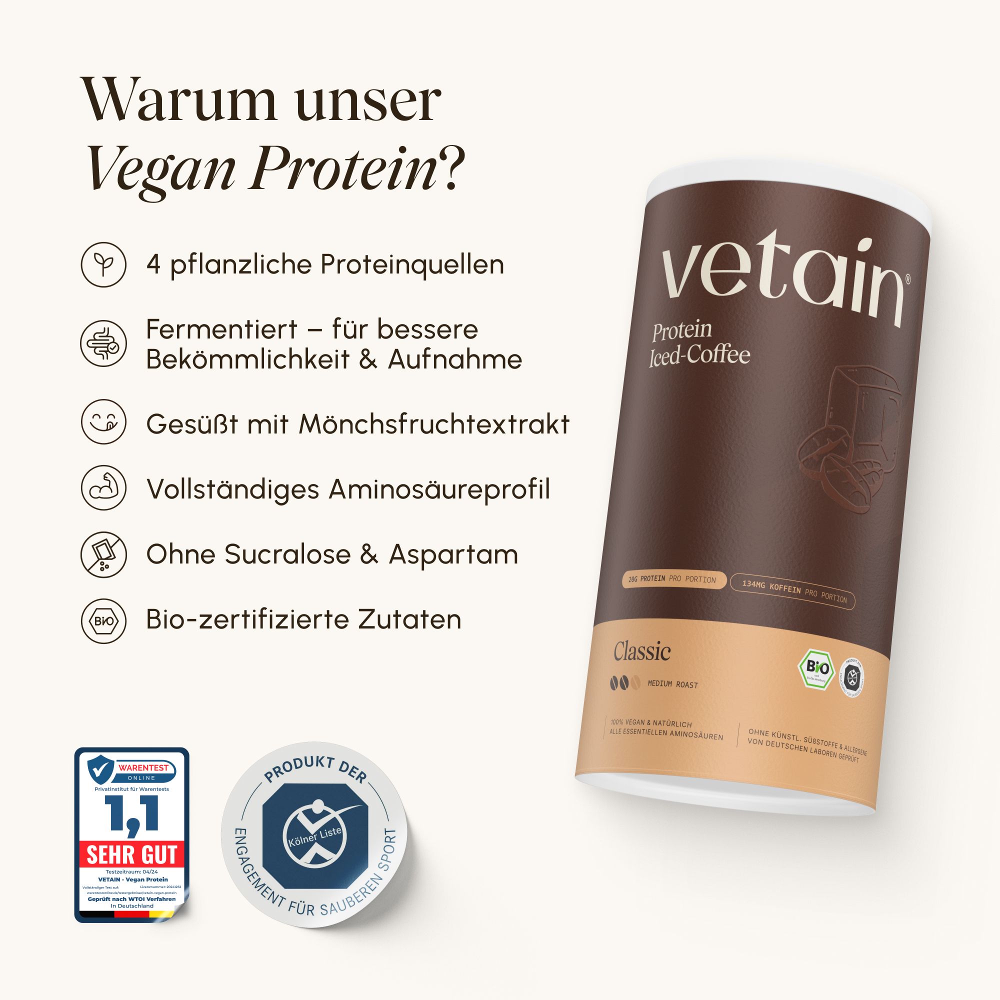 VETAIN Vegan Protein Dose im Vergleich zu anderen Marken, Vorteile hervorgehoben.
