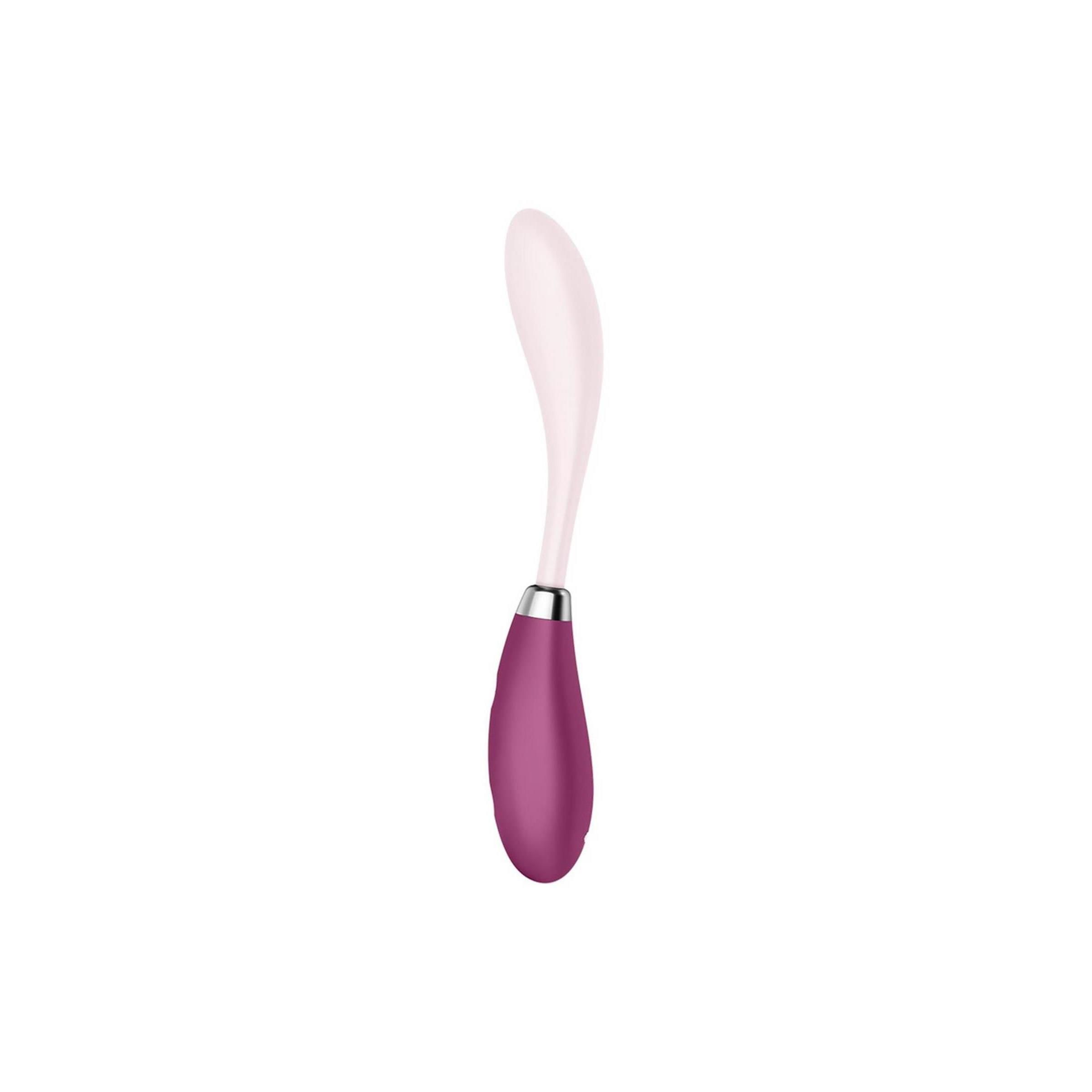 Lila Vibrator mit rosa Spitze. Metallring. Gebogene Form.