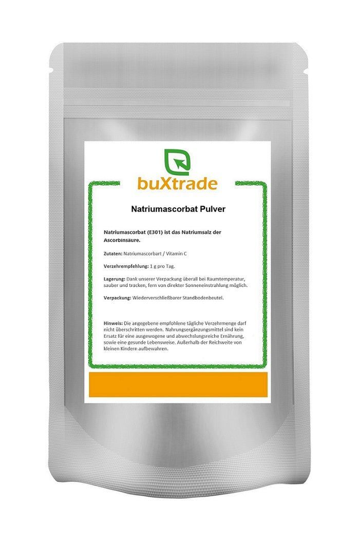 Beutel mit Produktinformationen. Aufschrift: buXtrade Natriumascorbat Pulver. Wiederverschließbarer Standbodenbeutel.