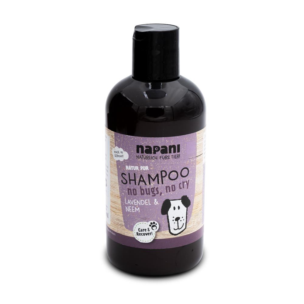 Flasche Shampoo für Hunde. Aufschrift: Shampoo, no bugs, no cry, Lavendel & Neem. Mit Logo und Aufdruck "Made in Germany".