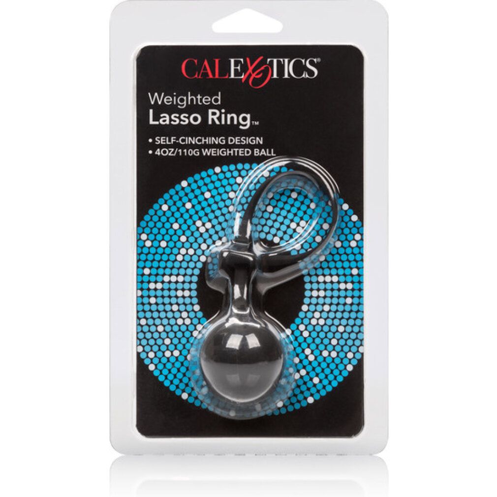 Schwarzer Penisring mit Gewicht in Blisterverpackung. Marke: CALExotics. Text: Weighted Lasso Ring. 4oz/110g Gewicht.