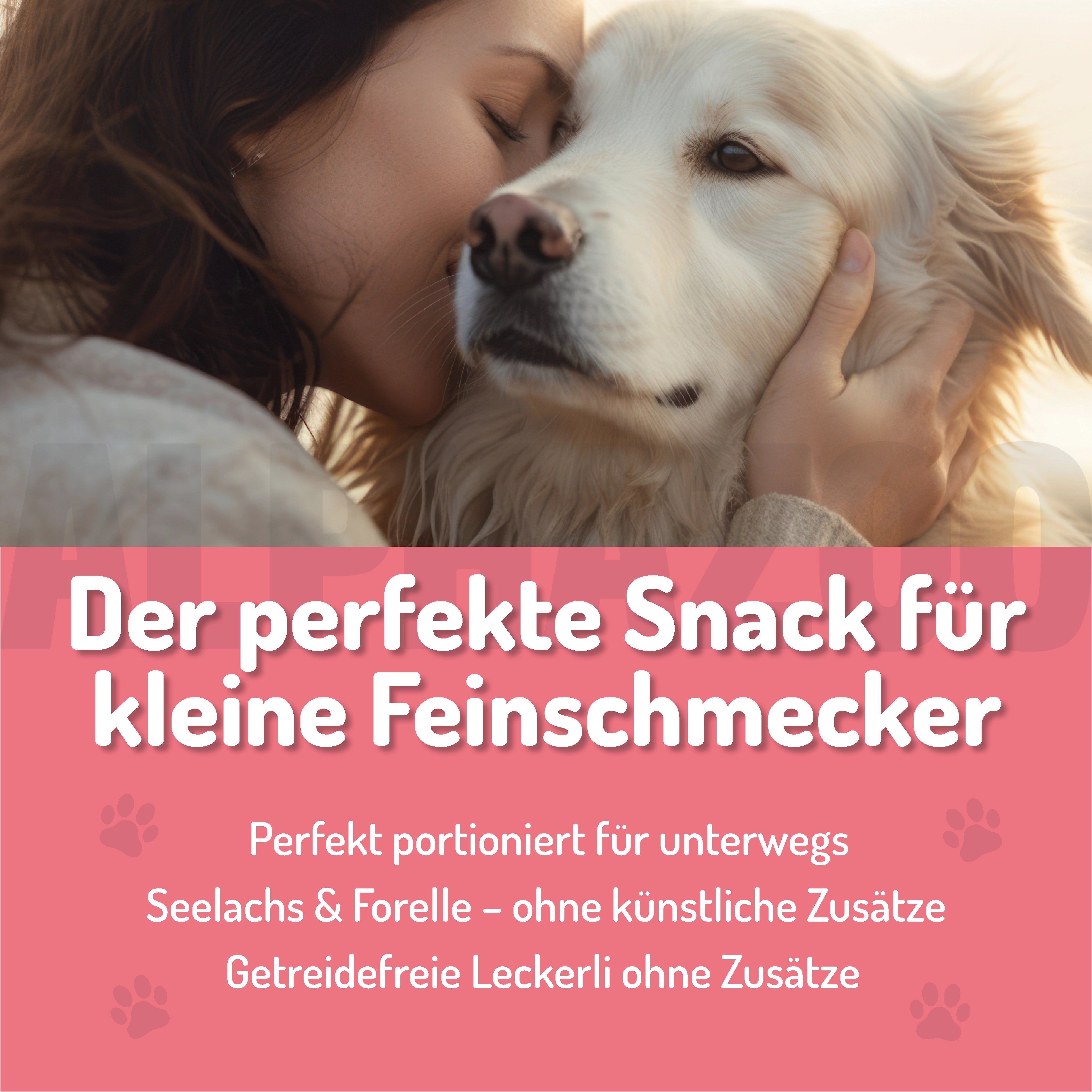 Rosa Hintergrund mit Text: Der perfekte Snack für kleine Feinschmecker. Pfoten-Symbole. Hund und Person.