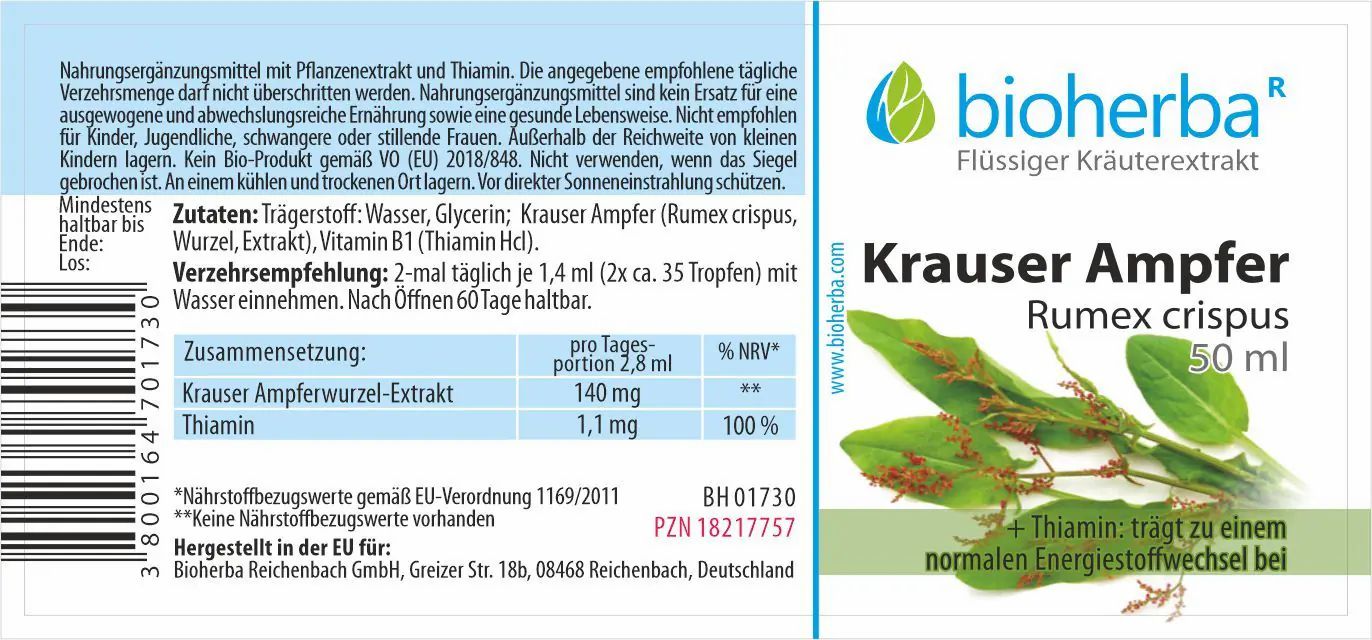 Etikett mit Produktnamen, Logo und Pflanzenabbildung. Text "Bioherba Krauser Ampfer". Enthält Informationen zu Inhaltsstoffen und Dosierung.