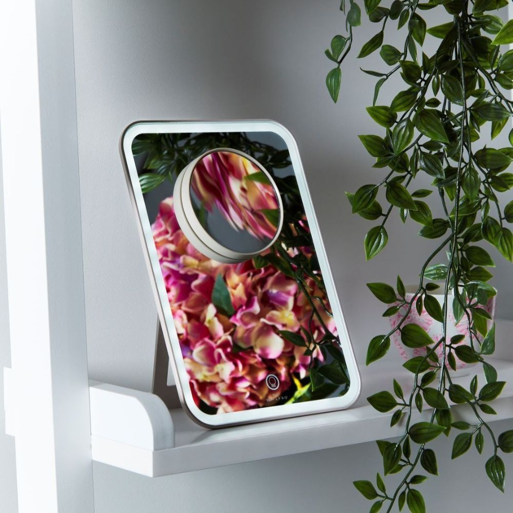 Spiegel mit Blumen. Rechteckiger Spiegel mit rundem Vergrößerungsspiegel. Beleuchtet, mit Logo.