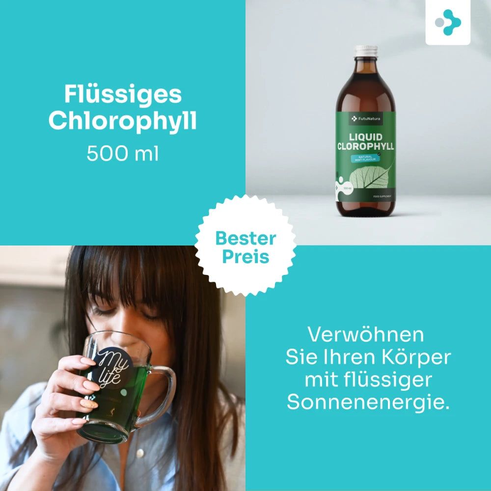 Flasche Liquid Chlorophyll. Aufschrift auf der Flasche. Frau mit Handtuch im Hintergrund.