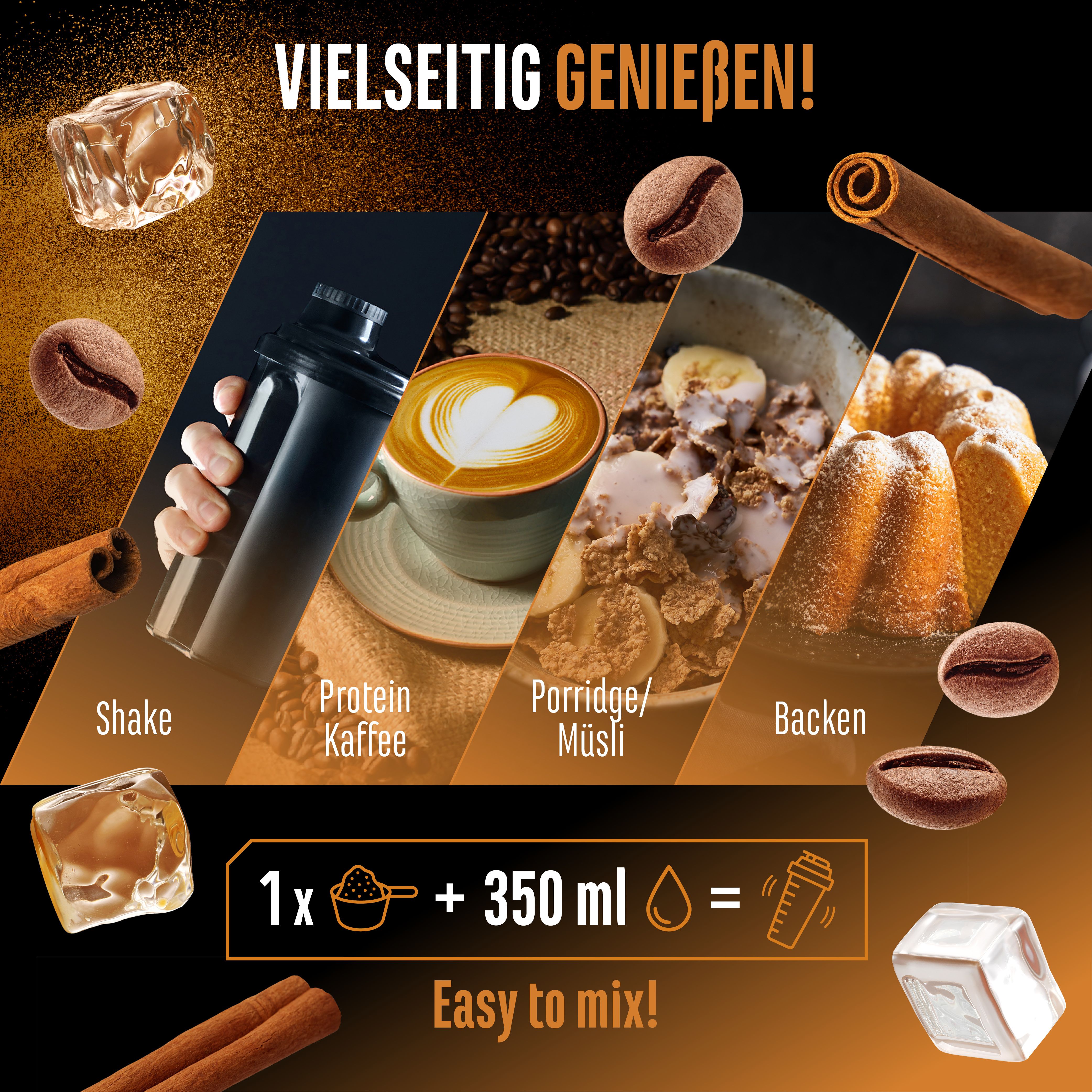 Verschiedene Zubereitungsarten von Wheypresso Protein Coffee: Shake, Kaffee, Porridge/Müsli und Backen. Text: Easy to mix!