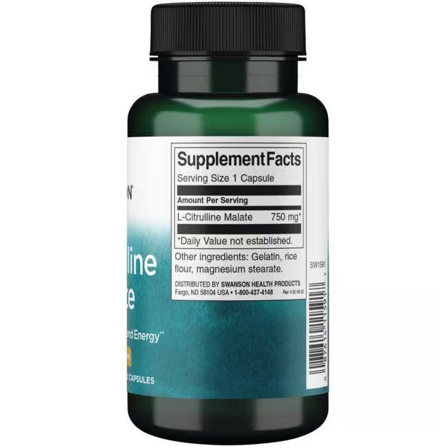 Rückseite der grünen Flasche. Aufschrift: Supplement Facts, L-Citrullin Malat 750 mg. Weitere Inhaltsstoffe.