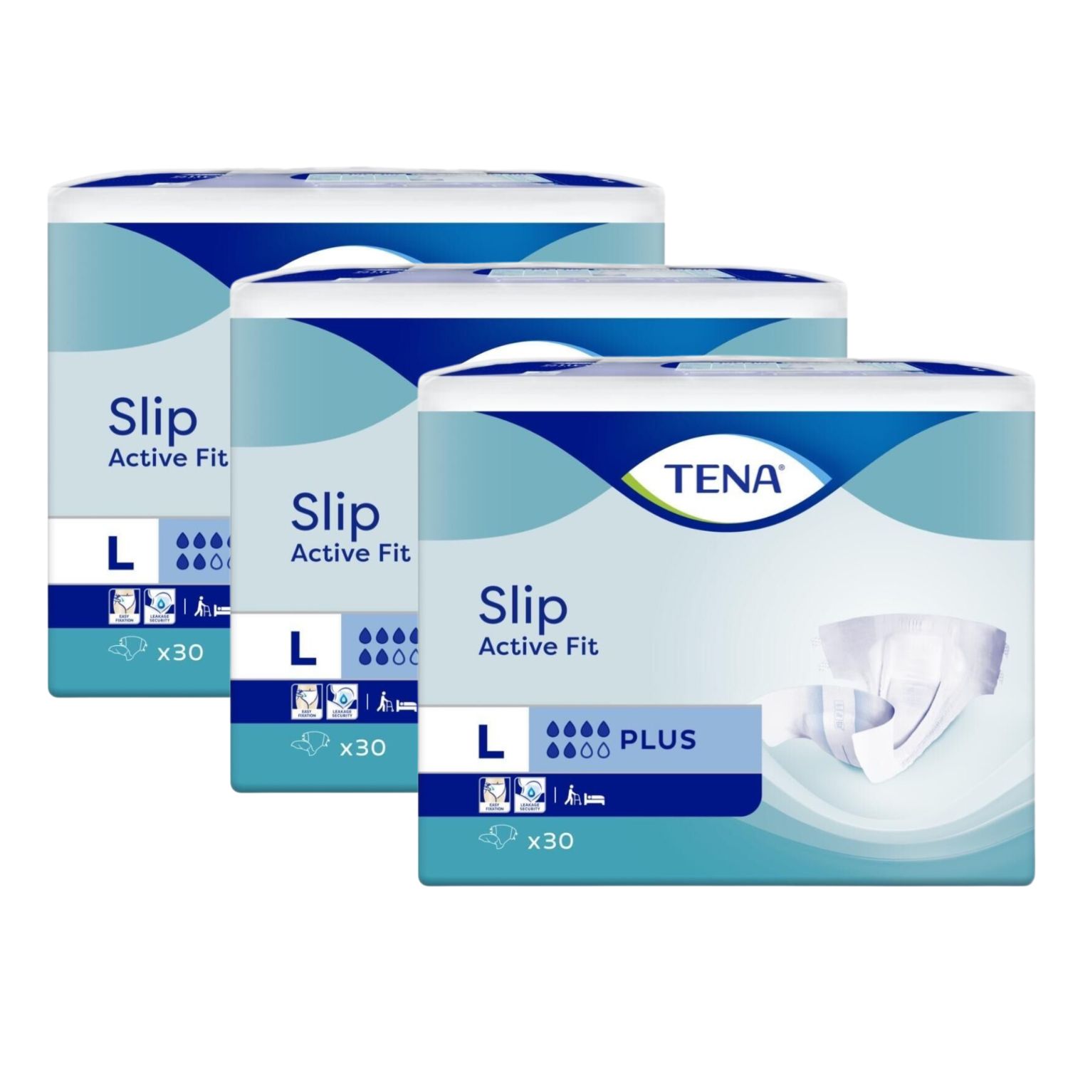 Drei Packungen TENA Slip Active Fit Plus. Auf jeder Packung steht "L" und "x30". Das Logo von TENA ist sichtbar.