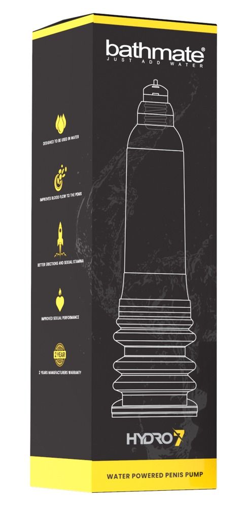 Schwarze Verpackung mit Bathmate-Logo und Hydro 7-Produktabbildung. Text: „Water Powered Penis Pump“.