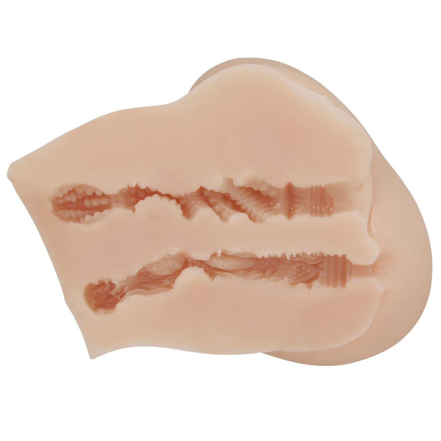 Beiges, anatomisch geformtes Produkt. Längsschnitt mit strukturierten Innenflächen.