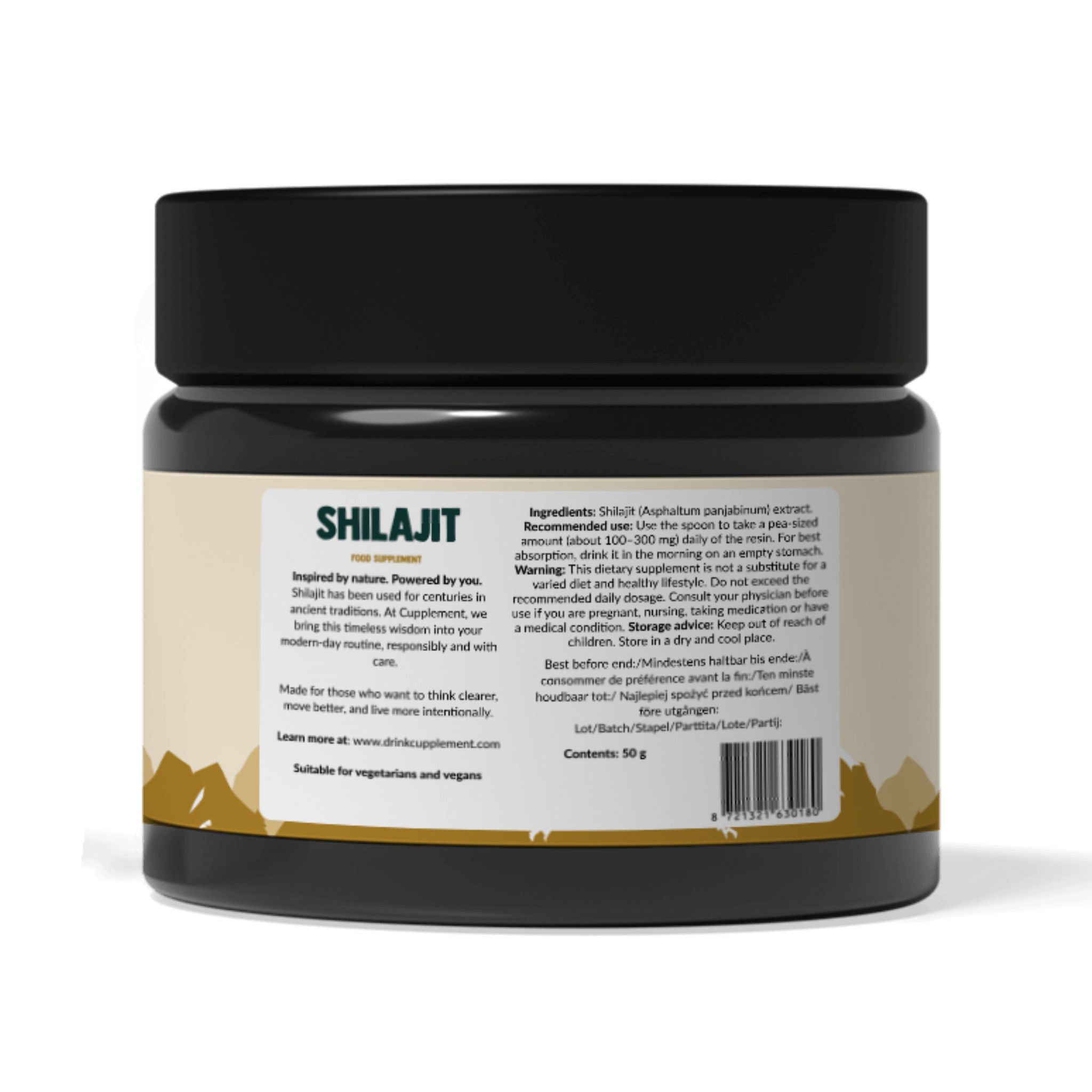 Rückansicht des schwarzen Glases mit Shilajit-Harz. Etikett mit Produktinformationen und Barcode.