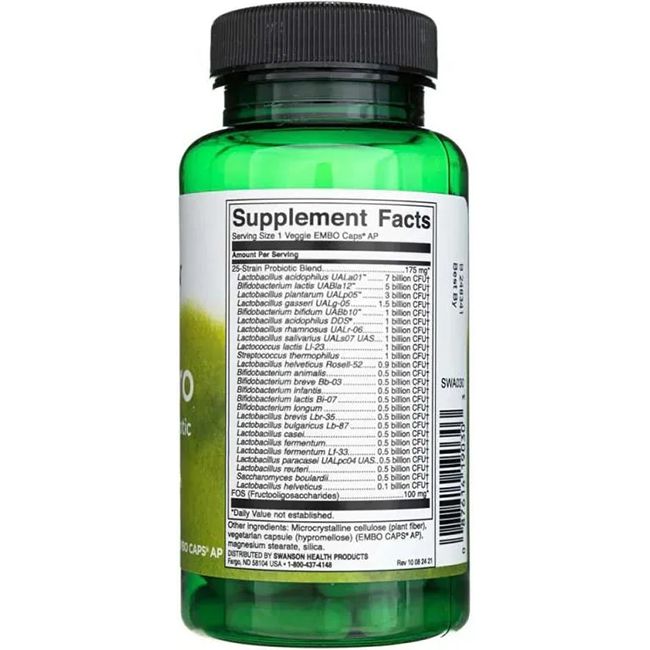 Rückseite der grünen Flasche. Etikett mit Nährwertangaben und Inhaltsstoffen. Enthält 25-Stämme Probiotika.