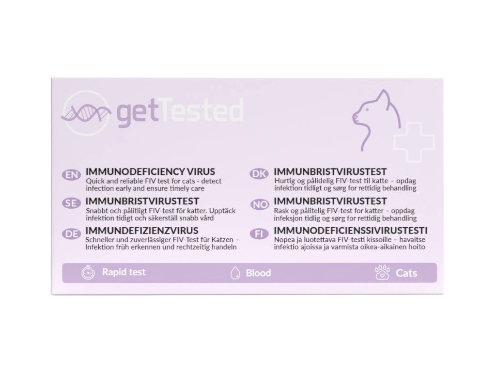 GetTested-Test für Katzen. Enthält Informationen in verschiedenen Sprachen: Englisch, Deutsch, Schwedisch, Dänisch, Norwegisch und Finnisch.