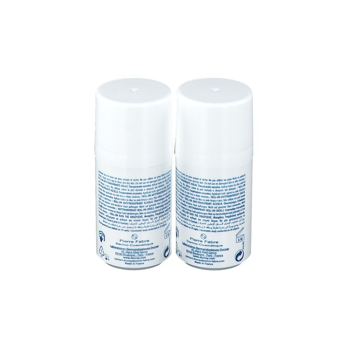 Zwei weiße Roll-on-Flaschen. Rückseite mit Text. Aufschrift: Pierre Fabre.