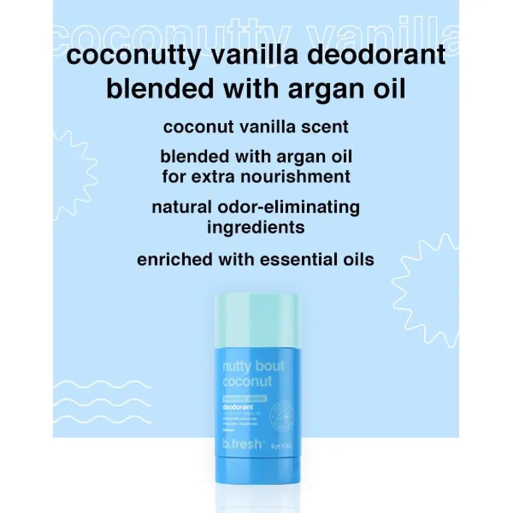 Text mit Produktinformationen und ein blaues Deodorant. Aufschrift: "coconutty vanilla deodorant".