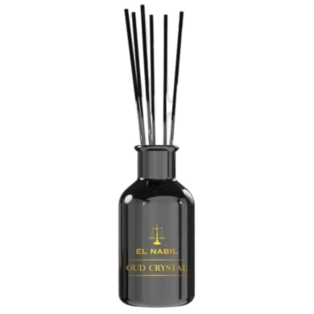 Schwarzer Glasdiffusor mit schwarzen Stäbchen. Aufschrift "EL NABIL OUD CRYSTAL" in Gold.