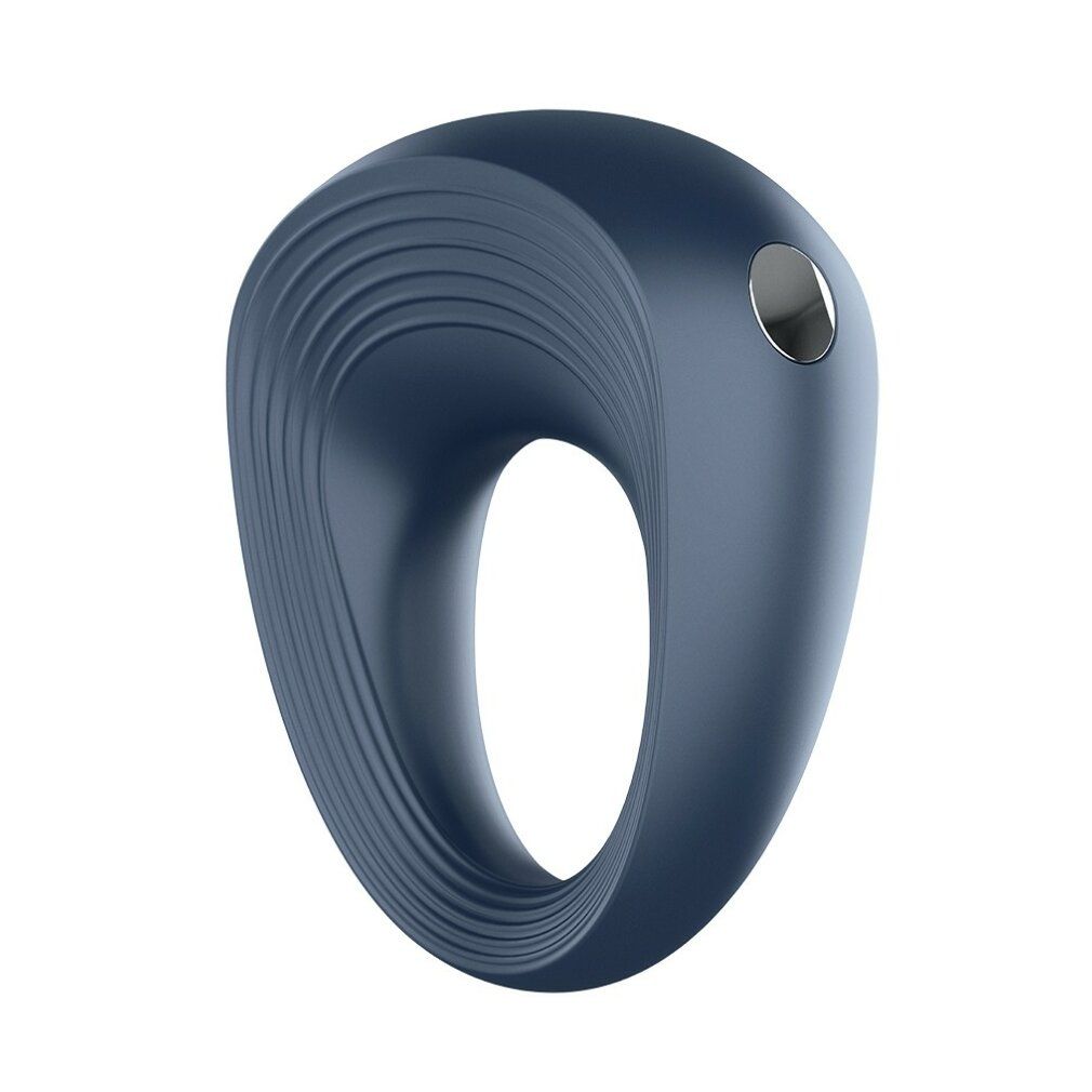 Blauer Ring mit wellenförmiger Oberfläche und silbernem Knopf. Geschwungene Form.