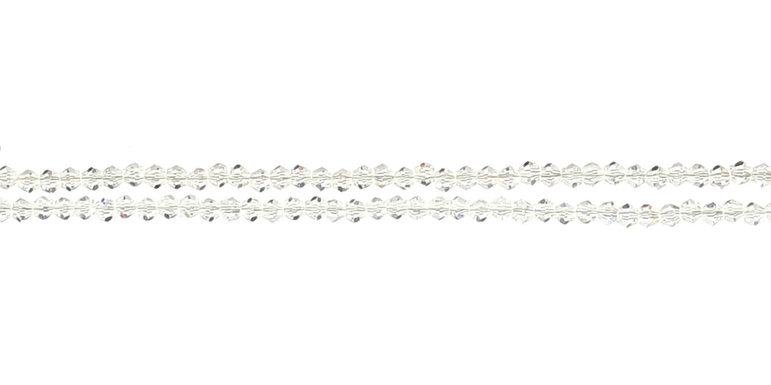 Nahaufnahme einer transparenten Brillenkette mit Perlen. Die Kette ist horizontal ausgerichtet.