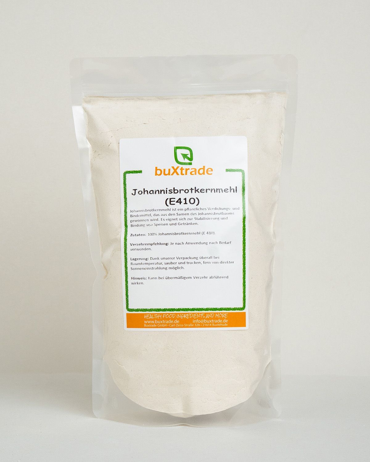 Verpackung mit Johannisbrotkernmehl (E410) der Marke buXtrade.