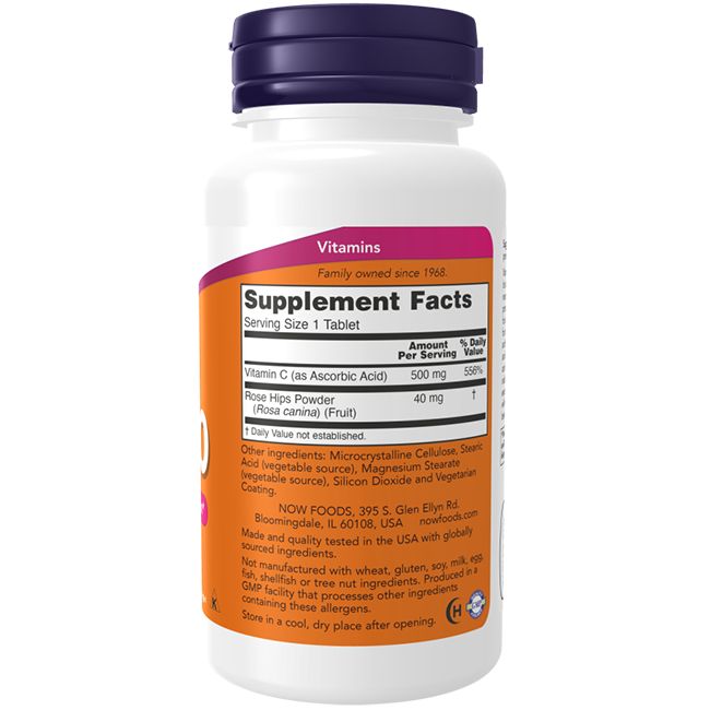 Weiße Flasche mit lila Deckel. Etikett mit Inhaltsstoffen und Nährwertangaben. Text: Vitamin C, Hagebutten, Now Foods.